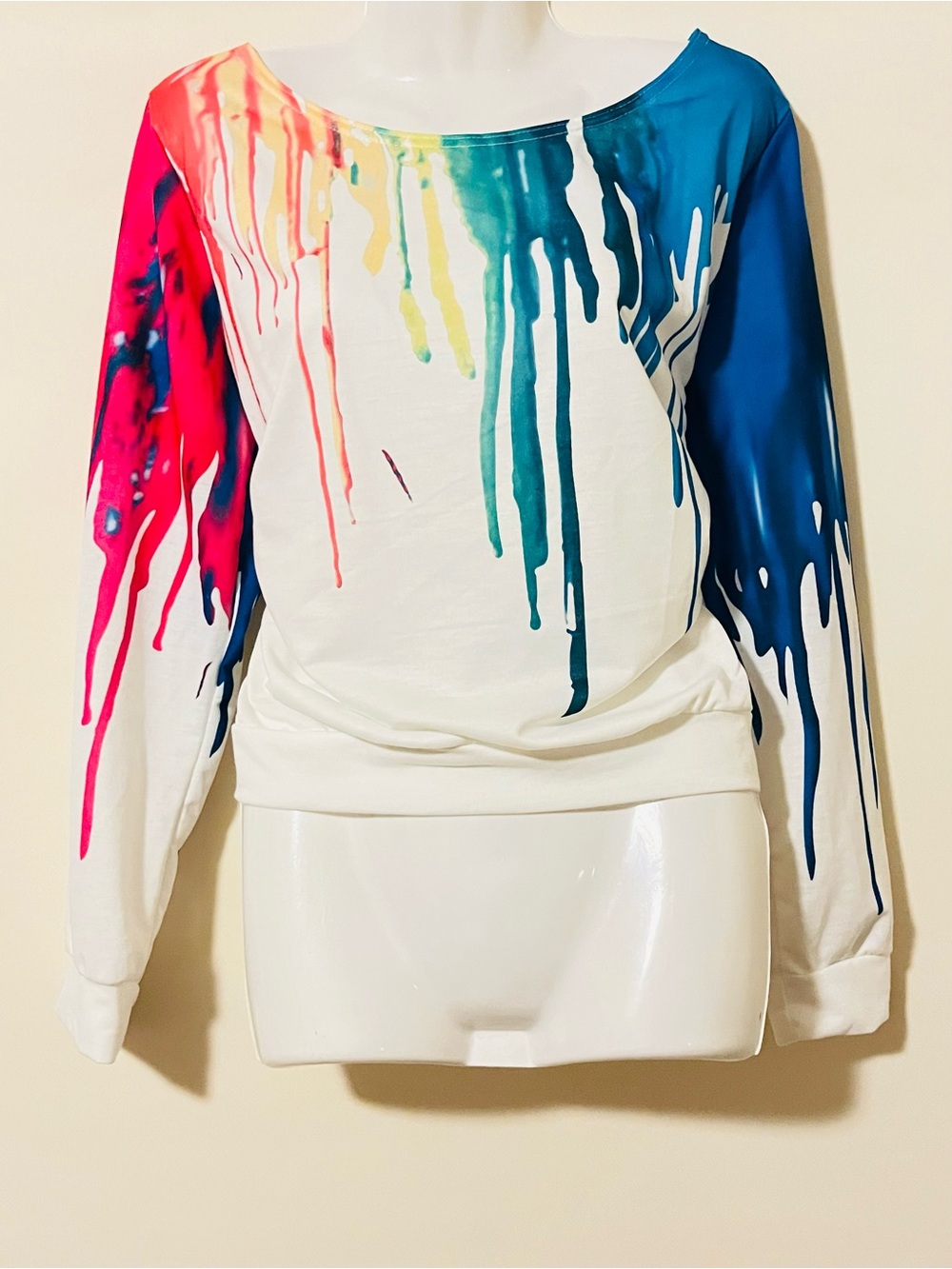 SHEIN White Long-Sleeve Paint Drip Sweatshirt with Multicolor Accents XL NWOT - Picture 2 of 6